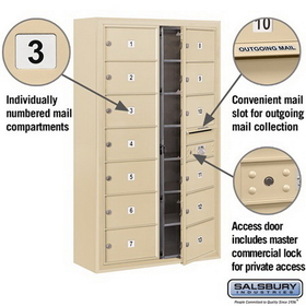 Salsbury Industries 3814D-13SFP Surface Mounted 4C Horizontal Mailbox Unit - 14 Door High Unit (52-5/8 Inches) - Double Column - 13 MB2 Doors - Sandstone - Front Loading - Private Access