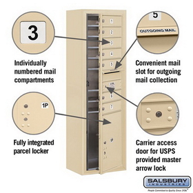 Salsbury Industries 3814S-07SFU Surface Mounted 4C Horizontal Mailbox Unit - 14 Door High Unit (52-5/8 Inches) - Single Column - 7 MB1 Doors / 1 PL5 - Sandstone - Front Loading - USPS Access