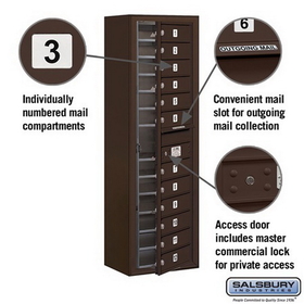 Salsbury Industries 3814S-12ZFP Surface Mounted 4C Horizontal Mailbox Unit - 14 Door High Unit (52-5/8 Inches) - Single Column - 12 MB1 Doors - Bronze - Front Loading - Private Access