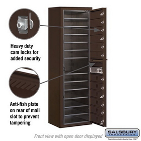 Salsbury Industries 3814S-12ZFP Surface Mounted 4C Horizontal Mailbox Unit - 14 Door High Unit (52-5/8 Inches) - Single Column - 12 MB1 Doors - Bronze - Front Loading - Private Access