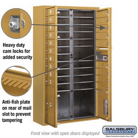 Salsbury Industries 3815D-19GFP Surface Mounted 4C Horizontal Mailbox Unit - 15 Door High Unit (56-1/8 Inches) - Double Column - 19 MB1 Doors / 1 PL4/1 PL5 - Gold - Front Loading - Private Access