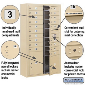 Salsbury Industries 3815D-19SFP Surface Mounted 4C Horizontal Mailbox Unit-15 Door High Unit (56-1/8 Inches)-Double Column-19 MB1 Doors / 1 PL4 and 1 PL5-Sandstone-Front Loading-Private Access