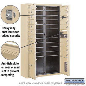Salsbury Industries 3815D-19SFP Surface Mounted 4C Horizontal Mailbox Unit-15 Door High Unit (56-1/8 Inches)-Double Column-19 MB1 Doors / 1 PL4 and 1 PL5-Sandstone-Front Loading-Private Access