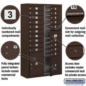 Salsbury Industries 3815D-19ZFP Surface Mounted 4C Horizontal Mailbox Unit-15 Door High Unit (56-1/8 Inches)-Double Column-19 MB1 Doors / 1 PL4 and 1 PL5-Bronze-Front Loading-Private Access
