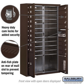 Salsbury Industries 3815D-19ZFP Surface Mounted 4C Horizontal Mailbox Unit-15 Door High Unit (56-1/8 Inches)-Double Column-19 MB1 Doors / 1 PL4 and 1 PL5-Bronze-Front Loading-Private Access