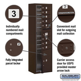 Salsbury Industries 3815S-08ZFU Surface Mounted 4C Horizontal Mailbox Unit - 15 Door High Unit (56-1/8 Inches) - Single Column - 8 MB1 Doors / 1 PL5 - Bronze - Front Loading - USPS Access