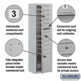 Salsbury Industries 3815S-09AFP Surface Mounted 4C Horizontal Mailbox Unit - 15 Door High Unit (56-1/8 Inches) - Single Column - 9 MB1 Doors / 1 PL4 - Aluminum - Front Loading - Private Access