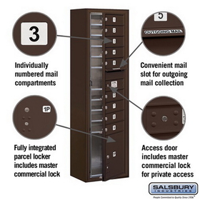 Salsbury Industries 3815S-09ZFP Surface Mounted 4C Horizontal Mailbox Unit - 15 Door High Unit (56-1/8 Inches) - Single Column - 9 MB1 Doors / 1 PL4 - Bronze - Front Loading - Private Access