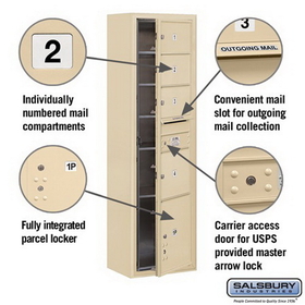 Salsbury Industries 3816S-04SFU Surface Mounted 4C Horizontal Mailbox Unit-Maximum Height Unit (57-7/8 Inches)-Single Column-3 MB2 Doors / 1 MB3 Door / 1 PL4.5-Sandstone-Front Loading-USPS Access