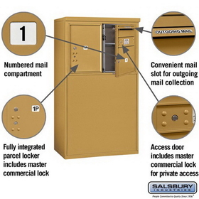 Salsbury Industries 3905D-01GFP Free-Standing 4C Horizontal Mailbox Unit - 5 Door High Unit (48-1/4 Inches) - Double Column - 1 MB3 Door / 1 PL5 - Gold - Front Loading - Private Access