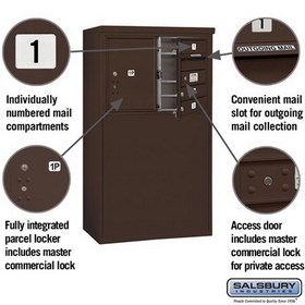 Salsbury Industries 3905D-03ZFP Free-Standing 4C Horizontal Mailbox Unit - 5 Door High Unit (48-1/4 Inches) - Double Column - 3 MB1 Doors / 1 PL5 - Bronze - Front Loading - Private Access
