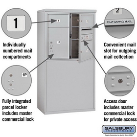 Salsbury Industries 3907D-03AFP Free-Standing 4C Horizontal Mailbox Unit-7 Door High Unit (55-1/4 Inches)-Double Column-2 MB2 Doors / 1 MB3 Door / 1 PL5-Aluminum-Front Loading-Private Access