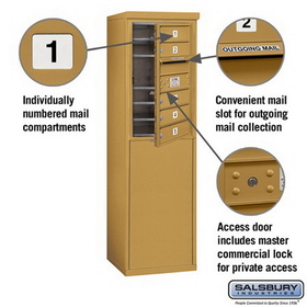 Salsbury Industries 3907S-05GFP Free-Standing 4C Horizontal Mailbox Unit - 7 Door High Unit (55-1/4 Inches) - Single Column - 5 MB1 Doors - Gold - Front Loading - Private Access