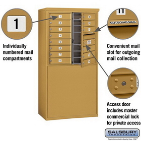 Salsbury Industries 3908D-14GFP Free-Standing 4C Horizontal Mailbox Unit - 8 Door High Unit (58-3/4 Inches) - Double Column - 14 MB1 Doors - Gold - Front Loading - Private Access