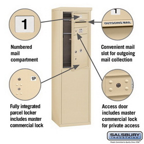 Salsbury Industries 3908S-01SFP Free-Standing 4C Horizontal Mailbox Unit - 8 Door High Unit (58-3/4 Inches) - Single Column - 1 MB1 Door / 1 PL5 - Sandstone - Front Loading - Private Access
