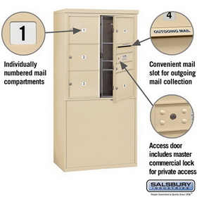 Salsbury Industries 3909D-06SFP Free-Standing 4C Horizontal Mailbox Unit - 9 Door High Unit (62-1/4 Inches) - Double Column - 1 MB1 Door / 5 MB3 Doors - Sandstone - Front Loading - Private Access