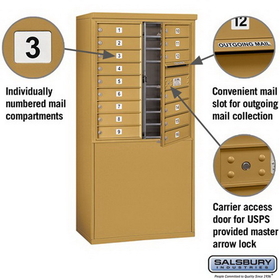 Salsbury Industries 3909D-16GFU Free-Standing 4C Horizontal Mailbox Unit - 9 Door High Unit (62-1/4 Inches) - Double Column - 16 MB1 Doors - Gold - Front Loading - USPS Access