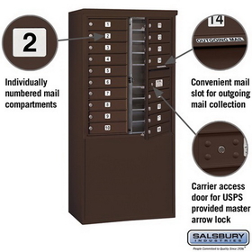 Salsbury Industries 3910D-18ZFU Free-Standing 4C Horizontal Mailbox Unit - 10 Door High Unit (65-3/4 Inches) - Double Column - 18 MB1 Doors - Bronze - Front Loading - USPS Access