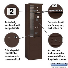 Salsbury Industries 3910S-02ZFP Free-Standing 4C Horizontal Mailbox Unit - 10 Door High Unit (65-3/4 Inches) - Single Column - 2 MB1 Doors / 1 PL6 - Bronze - Front Loading - Private Access