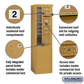 Salsbury Industries 3910S-05GFP Free-Standing 4C Horizontal Mailbox Unit - 10 Door High Unit (65-3/4 Inches) - Single Column - 5 MB1 Doors / 1 PL3 - Gold - Front Loading - Private Access