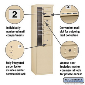 Salsbury Industries 3910S-05SFP Free-Standing 4C Horizontal Mailbox Unit - 10 Door High Unit (65-3/4 Inches) - Single Column - 5 MB1 Doors / 1 PL3 - Sandstone - Front Loading - Private Access