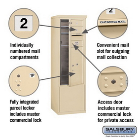 Salsbury Industries 3910SX-02SFP Free-Standing 4C Horizontal Mailbox ADA Height Compliant Unit-10 Door High Unit (52-3/4 Inches)-Single Column-2 MB1 Doors / 1 PL6-Sandstone-Front Loading-Private