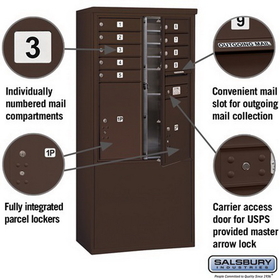 Salsbury Industries 3911D-09ZFU Free-Standing 4C Horizontal Mailbox Unit - 11 Door High Unit (69-1/4 Inches) - Double Column - 9 MB1 Door / 1 PL5 and 1 PL6 - Bronze - Front Loading - USPS Access