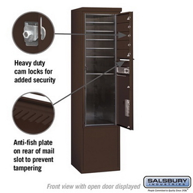 Salsbury Industries 3913S-05ZFP Free-Standing 4C Horizontal Mailbox Unit - 13 Door High Unit (69-1/4 Inches) - Single Column - 5 MB1 Doors / 1 PL6 - Bronze - Front Loading - Private Access