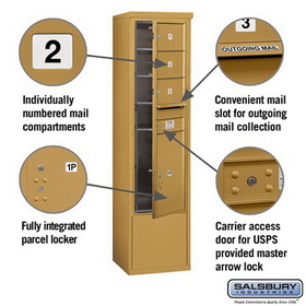 Salsbury Industries 3914S-03GFU Free-Standing 4C Horizontal Mailbox Unit - 14 Door High Unit (69-1/4 Inches) - Single Column - 3 MB2 Doors / 1 PL6 - Gold - Front Loading - USPS Access
