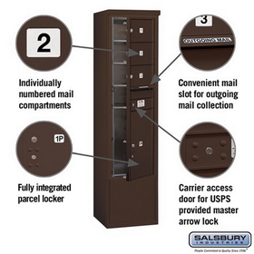 Salsbury Industries 3914S-03ZFU Free-Standing 4C Horizontal Mailbox Unit - 14 Door High Unit (69-1/4 Inches) - Single Column - 3 MB2 Doors / 1 PL6 - Bronze - Front Loading - USPS Access