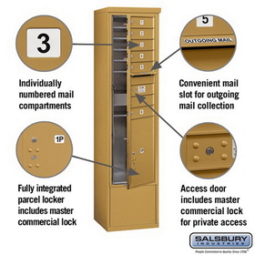 Salsbury Industries 3915S-06GFP Free-Standing 4C Horizontal Mailbox Unit - 15 Door High Unit (72 Inches) - Single Column - 6 MB1 Doors / 1 PL6 - Gold - Front Loading - Private Access