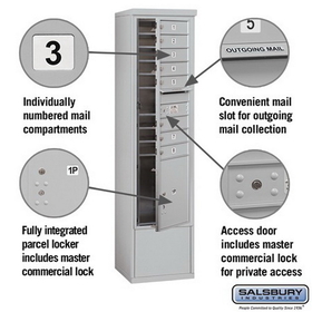 Salsbury Industries 3915S-08AFP Free-Standing 4C Horizontal Mailbox Unit - 15 Door High Unit (72 Inches) - Single Column - 8 MB1 Doors / 1 PL5 - Aluminum - Front Loading - Private Access