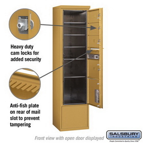 Salsbury Industries 3916S-04GFU Free-Standing 4C Horizontal Mailbox Unit - Maximum Height Unit (72 Inches) - Single Column - 3 MB2 Doors / 1 MB3 Door / 1 PL4.5 - Gold - Front Loading - USPS Access
