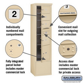 Salsbury Industries 3916S-04SFP Free-Standing 4C Horizontal Mailbox Unit-Maximum Height Unit (72 Inches)-Single Column-3 MB2 Doors / 1 MB3 Door / 1 PL4.5-Sandstone-Front Loading-Private Access