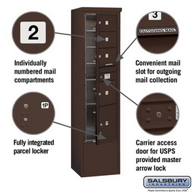 Salsbury Industries 3916S-04ZFU Free-Standing 4C Horizontal Mailbox Unit - Maximum Height Unit (72 Inches) - Single Column - 3 MB2 Doors / 1 MB3 Door / 1 PL4.5 - Bronze - Front Loading - USPS Access