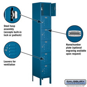 Salsbury Industries 66165BL-A 12" Wide Six Tier Box Style Standard Metal Locker - 1 Wide - 6 Feet High - 15 Inches Deep - Blue - Assembled