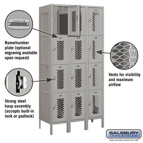 Salsbury Industries 74368GY-A 12" Wide Four Tier Vented Metal Locker - 3 Wide - 6 Feet High - 18 Inches Deep - Gray - Assembled
