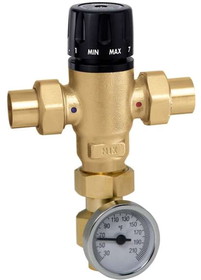 Caleffi 521619A 3-Way Mixing Valve w/ Adaptor and Gauge, Low-Lead Brass 1" Swt