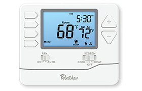 Robertshaw RS9110 24V/Millivolt Programmable/Non Programmable Digital Single Stage Conventinal/Heat Pump Thermostat With 4.6 Square Inch Backlit Display 7 Day 5-1-1 1H/1C 45-90F