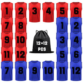 TOPTIE 24 PCS (#1-12) Numbered Pinnies Nylon Mesh Scrimmage Team Training Vests for Adult Young
