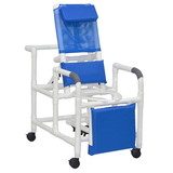 MJM International 193 Reclining shower chair with deluxe elongated open front commode seat and elevated leg extension, 325 lbs weight capacity