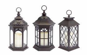 Melrose 50202DS Lanterns w/LED Candle (Set of 3) w/6 Hour Timer 13"H Plastic/Glass