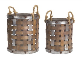 Melrose 70707DS Pail with Rope Handle (Set of 2) 15.5"H, 18"H Wood/Metal