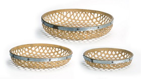 Melrose 70709DS Round Woven Tray (Set of 3) 17"D, 20"D, 23.5"D Bamboo/Metal