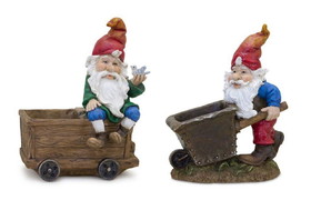 Melrose 82515DS Gnome with Wheelbarrow & Wagon (Set of 2) 7"L x 8.25"H, 6.5"L x 9"H Resin