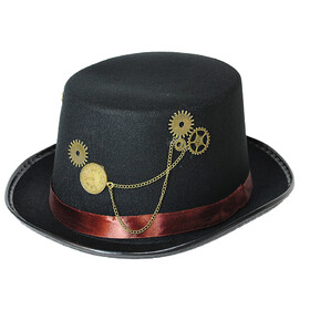 Jacobson Hat Co. GC06 Adult's Black Steampunk Hat with Red Hatband &amp; Gold Chains