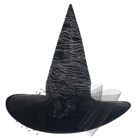 Morris Costumes SEW10718 Adult's Deluxe Black Witch Hat with Silver Glitter &amp; Tulle
