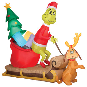 Morris Costumes SS882554G Airblown&#174; Grinch and Max With Sleigh 78" Inflatable Christmas Outdoor Yard Decor