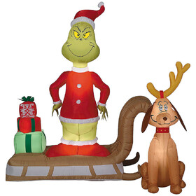 Disguise SS882558G 6 Ft. Airblown® Inflatable Dr. Seuss How the Grinch Stole Christmas Grinch & Max with Sled Outdoor Yard Decoration