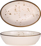 International Tableware Splash Oven Baker - Creme with Dark Brown Reactive Glaze Trim and Speckles